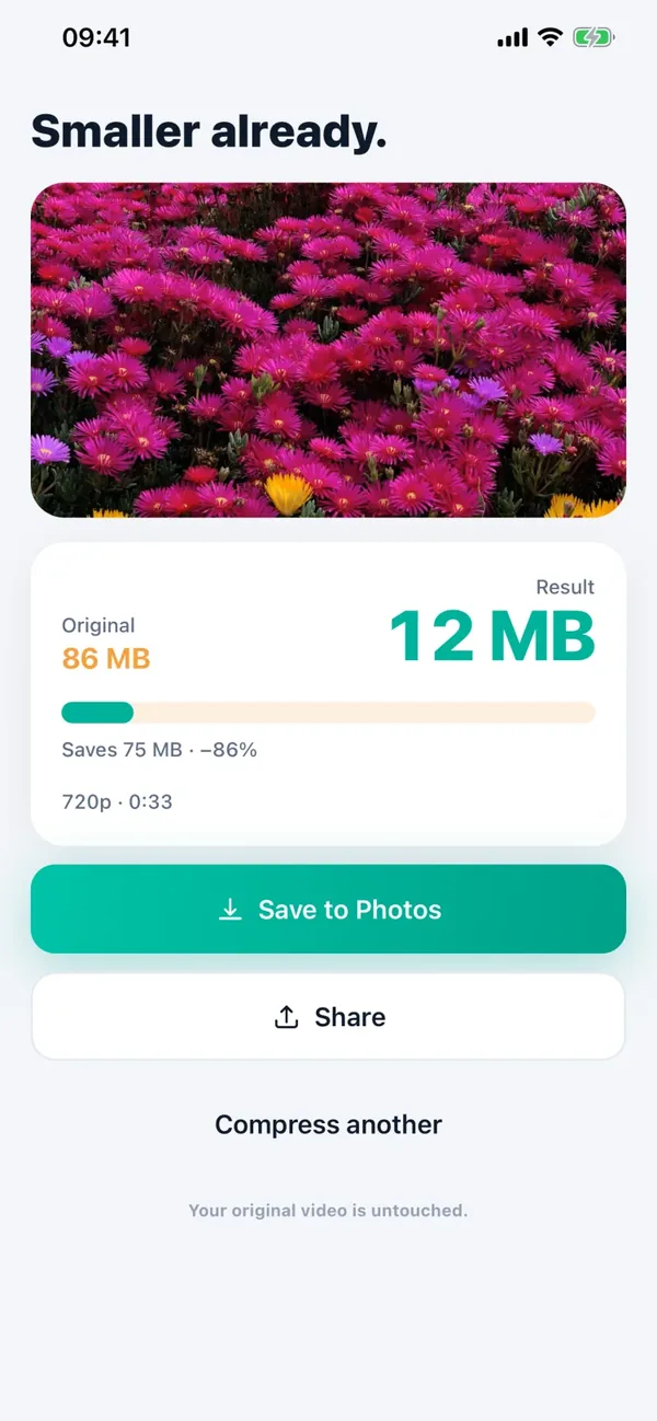 Màn hình kết quả của Minivid (giao diện tiếng Anh): video 86 MB còn 12 MB, nhẹ hơn 86%, ở 720p, kèm nút Lưu vào Ảnh và Chia sẻ