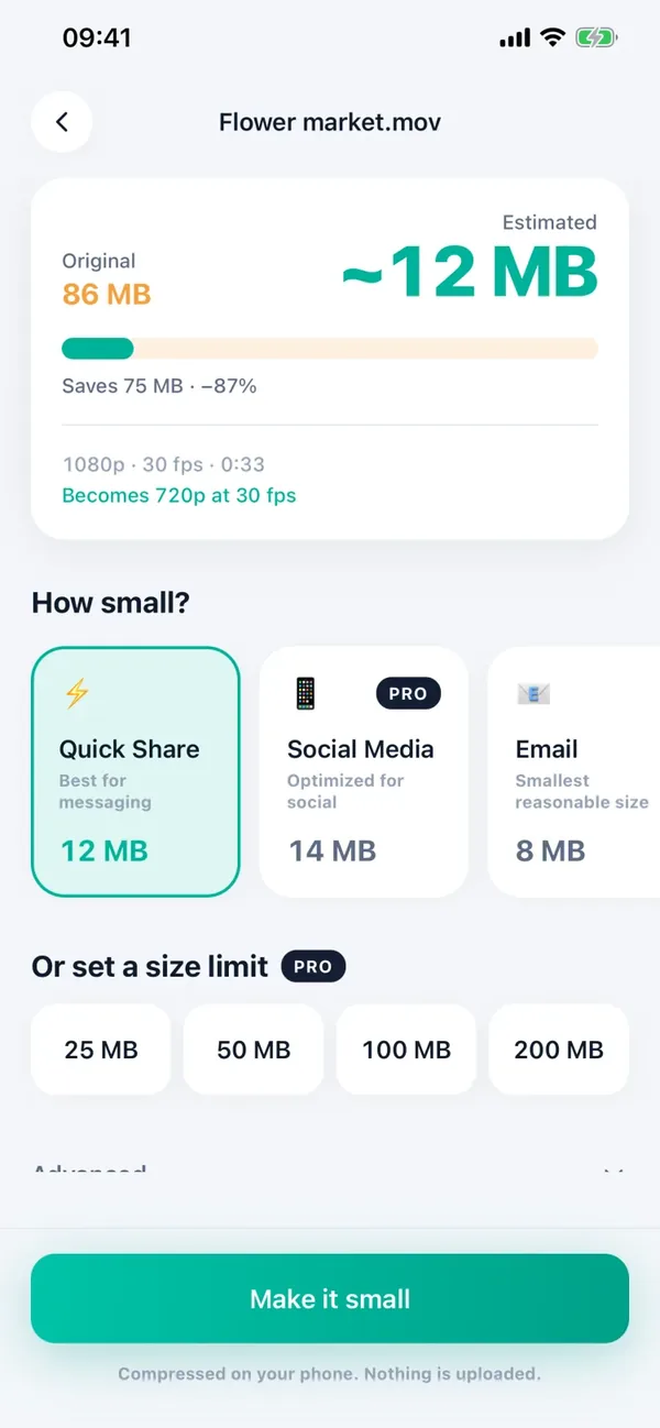 Màn hình thiết lập nén của Minivid (giao diện tiếng Anh): bản gốc 86 MB, ước tính còn khoảng 12 MB, các mức Quick Share, Social Media, Email và các giới hạn 25, 50, 100, 200 MB đánh dấu PRO