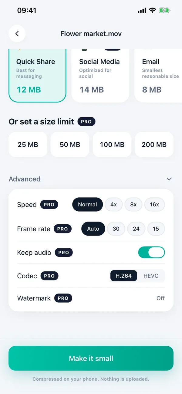 Cài đặt nén của Minivid với các mức Quick Share, Social Media, Email, giới hạn 25, 50, 100, 200 MB và tùy chọn nâng cao: tốc độ, khung hình, âm thanh, chuẩn nén, watermark (giao diện tiếng Anh)