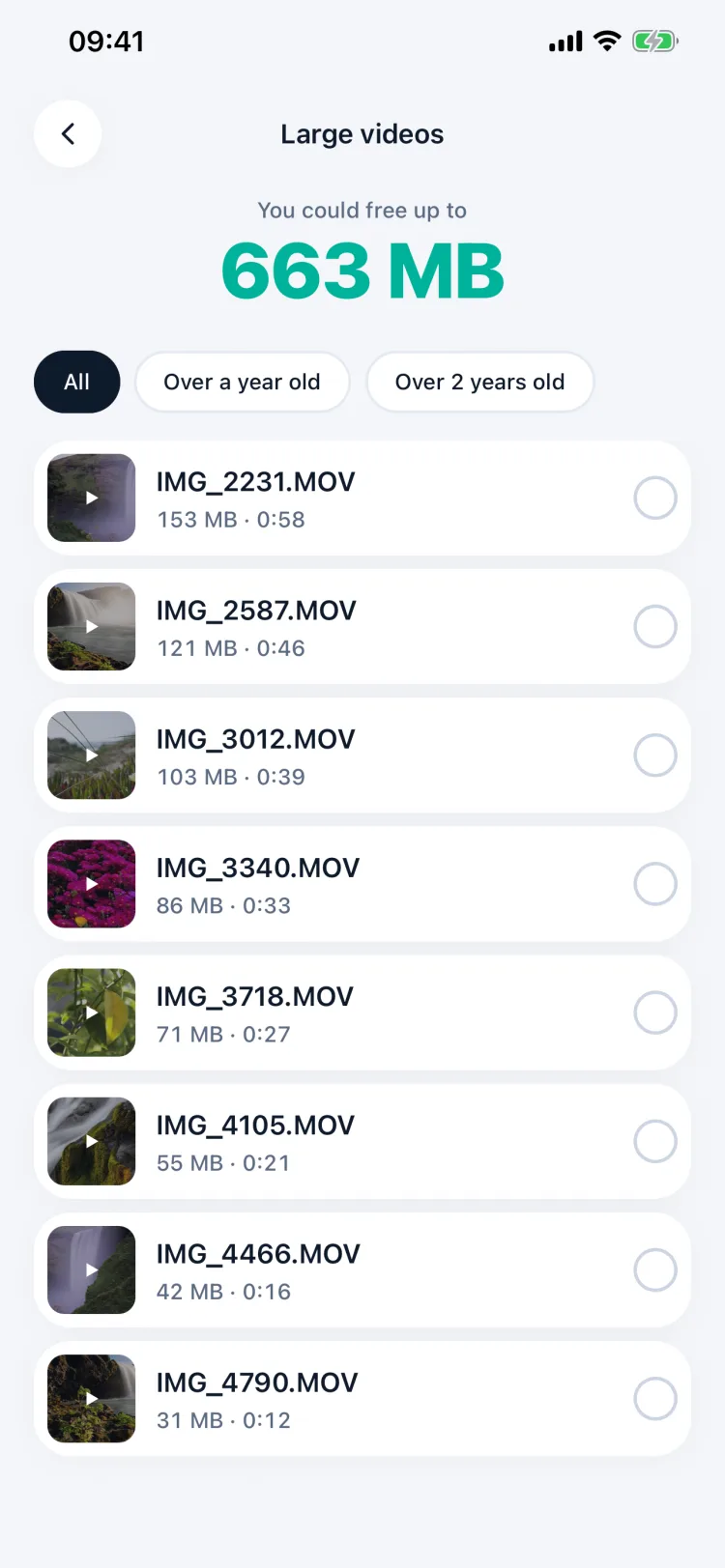 Màn hình Video nặng: có thể giải phóng 663 MB, video xếp theo dung lượng
