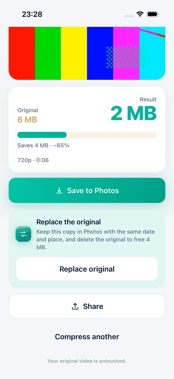 Màn hình kết quả: video 6 MB nén còn 2 MB, có thẻ Thay thế video gốc giữ nguyên ngày, nơi quay và giải phóng 4 MB