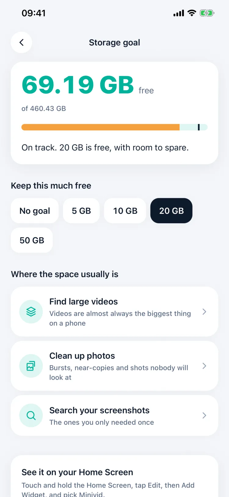 Màn hình Mục tiêu dung lượng: còn trống 69,19 GB, đạt mục tiêu 20 GB